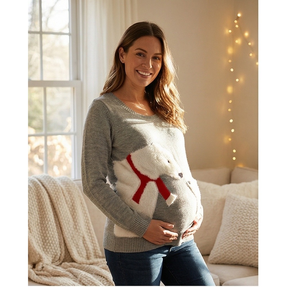 Motherhood Maternity L Polar Bear Sweater Gray Holiday‎ Fuzzy Wool Blend NEW